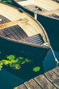 Wooden pleasure rowboat at the pier of a lake for rent. Municipal city park. Hamburg