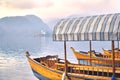 Wooden pletna boats at Lake Bled in Slovenia Royalty Free Stock Photo