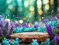 Wooden podium in the forest among purple and turquoise plants and flowers. Fairy and fantasy world with blurred background. Royalty Free Stock Photo