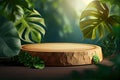 Wooden podium with leaves. Cosmetic beauty mockup display stand for product presentation. Generative AI.