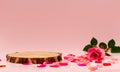 Wooden podium with pink rose and petals. Valentine, mother day and women day concept