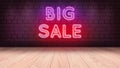 wooden podium table for displaying your merchandise. Neon sign on brick wall, Big sale 3d render Royalty Free Stock Photo