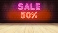 wooden podium table for displaying your merchandise. Neon sign on brick wall, sale 50 percentages 3d render Royalty Free Stock Photo