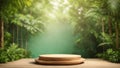 Wooden podium on wooden table in green tropical garden. 3d render