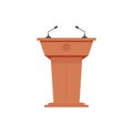 Wooden podium tribune stand rostrum with microphones. Flat icon.