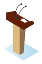 Wooden podium tribune stand rostrum with microphones flat vector illustration. Platform for lecture