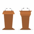 Wooden podium tribunes set, stand rostrum with microphones. Back and front view from audiences and reporters sides