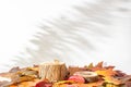 Wooden podiums with autumn leaves on an white background. Still life for the presentation of products. layout for