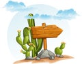 Wooden pointer with cacti in the desert