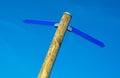 Wooden pole with blue direction arrows