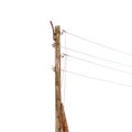 Wooden pole with electrical wires. Isolated on white background.