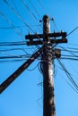 Wooden pole with a transformer, conductors and various cables against a blue sky.