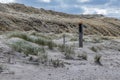 Wooden pole among the white sand, wild grass on the coastal dune Royalty Free Stock Photo