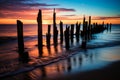 wooden poles on the beach at sunset Royalty Free Stock Photo