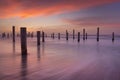 Wooden poles on the beach at sunset Royalty Free Stock Photo