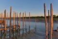 wooden poles in front of the sea at sunset Royalty Free Stock Photo