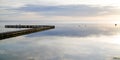 Wooden pontoon lake sunrise Biscarosse beach in web banner template header