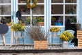 Wooden porch of house with plants and branches yellow mimosa. Facade home with garden tools, pots flowers. Cozy spring decor veran Royalty Free Stock Photo