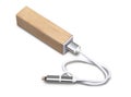 Wooden portable external power bank, for emergency phone recharge.