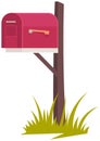 Wooden post with closed mailbox. Postal container for storing letters and parcel vector illustration