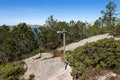 A wooden post on a marked hiking trek with a direction arrow and distance left to Lifjel mountain