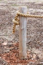 Wooden post with rope tied around it - end of rope fence - dead leaves on ground