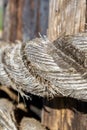 Close up of weathered rope on wooden post