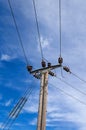 Wooden Power Electricity Pole Pylon,High Volage,Blue Sky Background Royalty Free Stock Photo