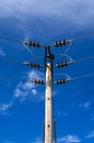 Wooden Power Electricity Pole Pylon,High Volage,Blue Sky Background Royalty Free Stock Photo