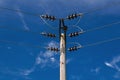 Wooden Power Electricity Pole Pylon,High Volage,Blue Sky Background Royalty Free Stock Photo