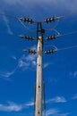 Wooden Power Electricity Pole Pylon,High Volage,Blue Sky Background Royalty Free Stock Photo