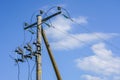 Wooden power line pole with electric transformer in rural area