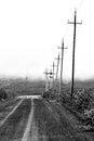 Wooden power lines near country road in the Kamchatka mountains. Russia, Kamchatka Peninsula. Black and white image Royalty Free Stock Photo