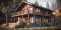 Wooden private house exterior. Traditional chalet architecture in forest area