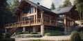 Wooden private house with stone basement and large terrace. Traditional chalet architecture