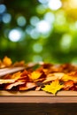 Wooden product display podium with blurred nature leaves generated by ai