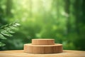 Wooden product display podium with blurred nature leaves on green background 3d rendering