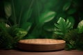 Wooden product display podium on green tropical background. 3d rendering