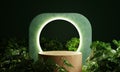 Wooden product display podium in jungle forest with circle fluorescent neon light lamp background. Product presentation theme.