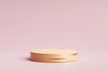 Wooden product display or showcase pedestal on pink background with cylinder stand. Pink studio podium or platform product
