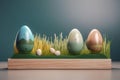 A wooden product display top with an Easter background of painted eggs and green grass and meadows. Generative AI