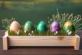 A wooden product display top with an Easter background of painted eggs and green grass and meadows. Generative AI