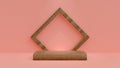 Wooden Product Showcase Podium. Wood podium with square frame on Pink Background. Minimalist 3d Illustration