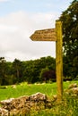 Wooden public footpath sign in field next to a wall