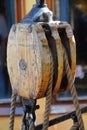 Wooden pulley on a historic sailing boat