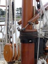 Wooden pulleys and ropes on vintage sailing boat Royalty Free Stock Photo