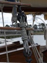 Wooden pulleys and ropes on vintage sailing boat Royalty Free Stock Photo