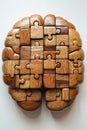 A wooden puzzle piece shaped like a brain on a white surface Royalty Free Stock Photo