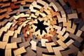 Wooden puzzle pieces arranged in a swirl. Generative AI Royalty Free Stock Photo