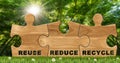 Wooden Puzzle Pieces with Text Reuse Reduce Recycle in a Green Forest Royalty Free Stock Photo